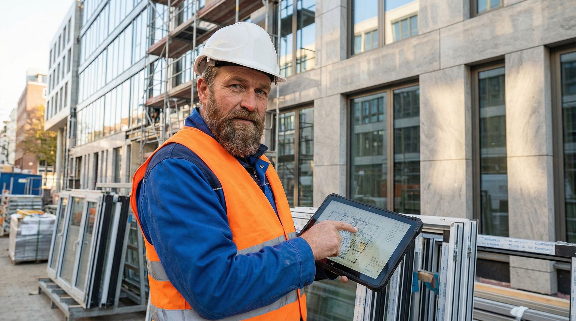 Handwerker mit Tablet auf Baustelle